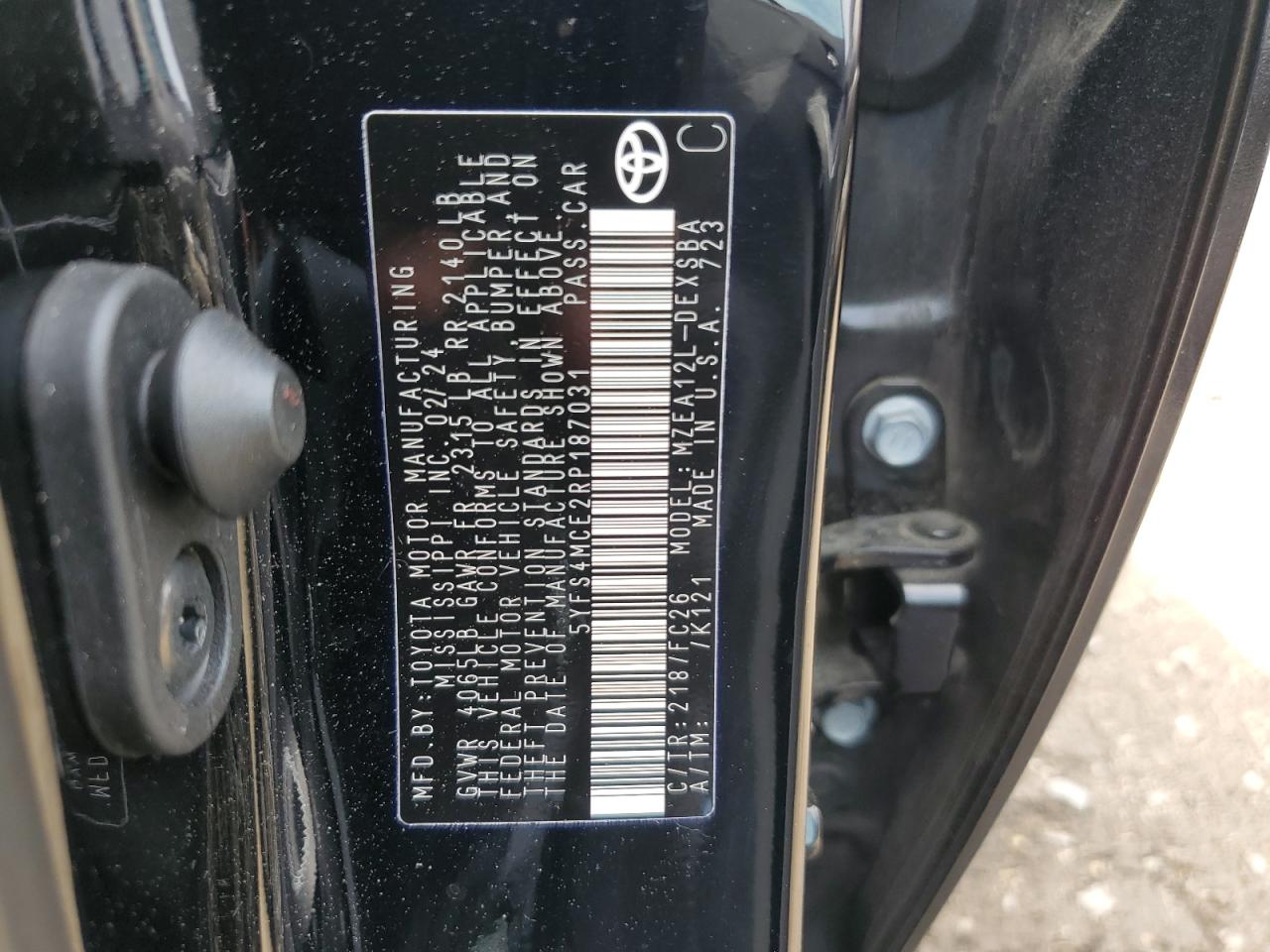 2024 TOYOTA COROLLA SE VIN:5YFS4MCE2RP187031