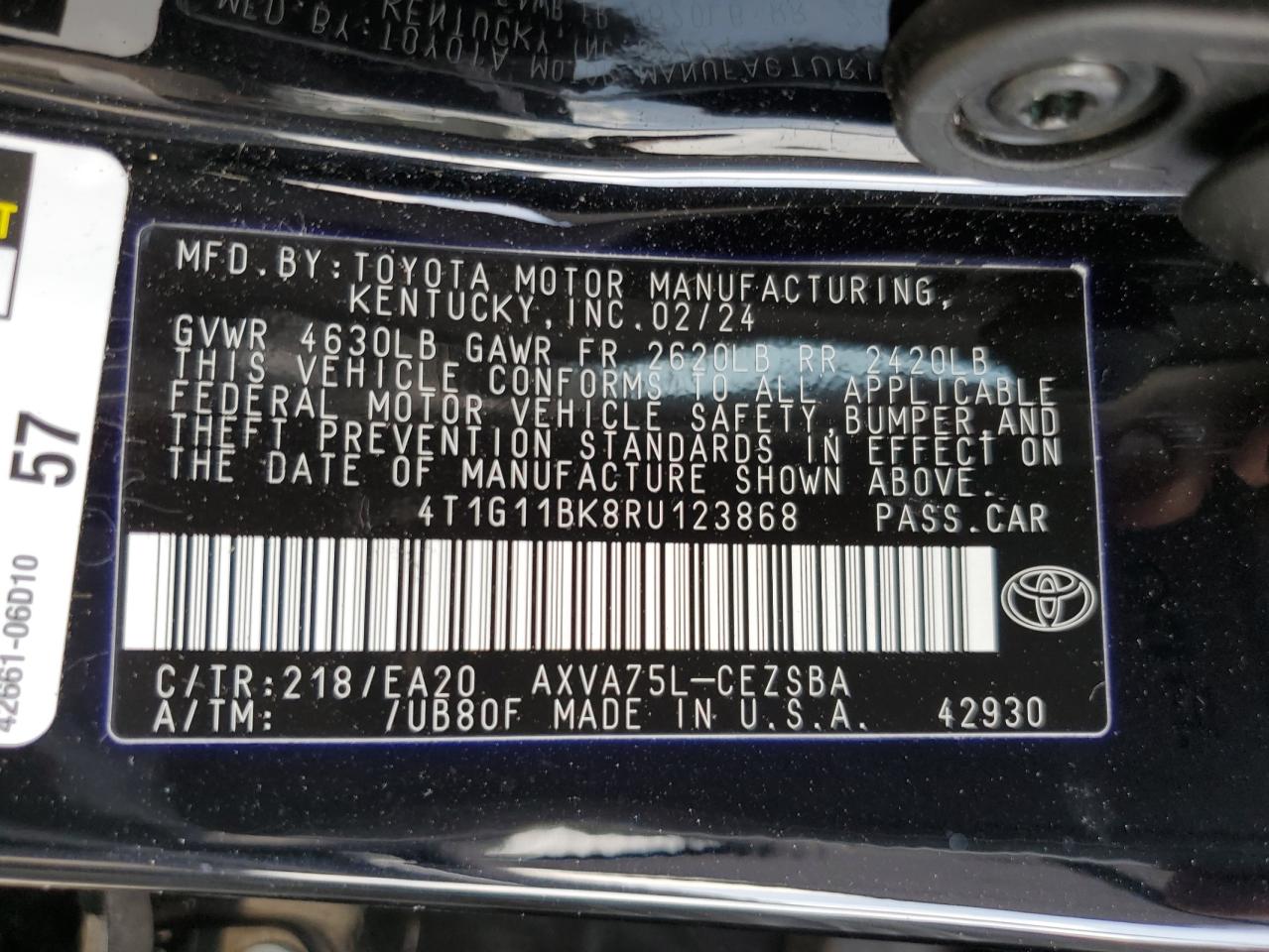 2024 TOYOTA CAMRY SE NIGHT SHADE VIN:4T1G11BK8RU123868