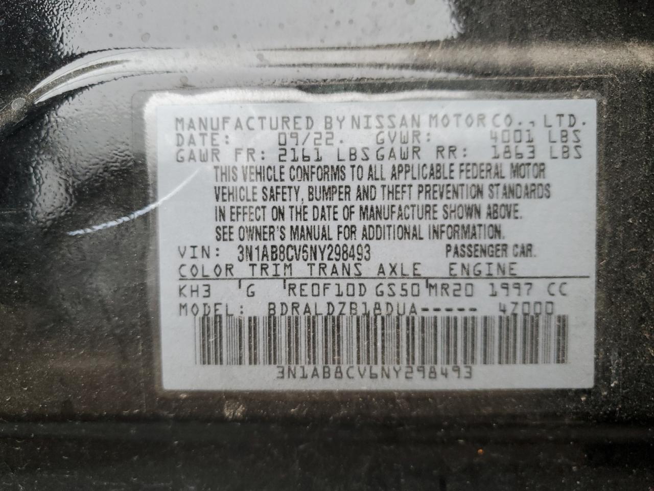 2022 NISSAN SENTRA SV VIN:3N1AB8CV6NY298493