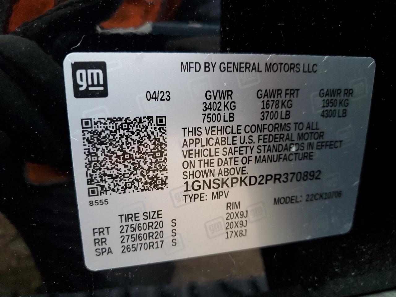 2023 CHEVROLET TAHOE K1500 Z71 VIN:1GNSKPKD2PR370892