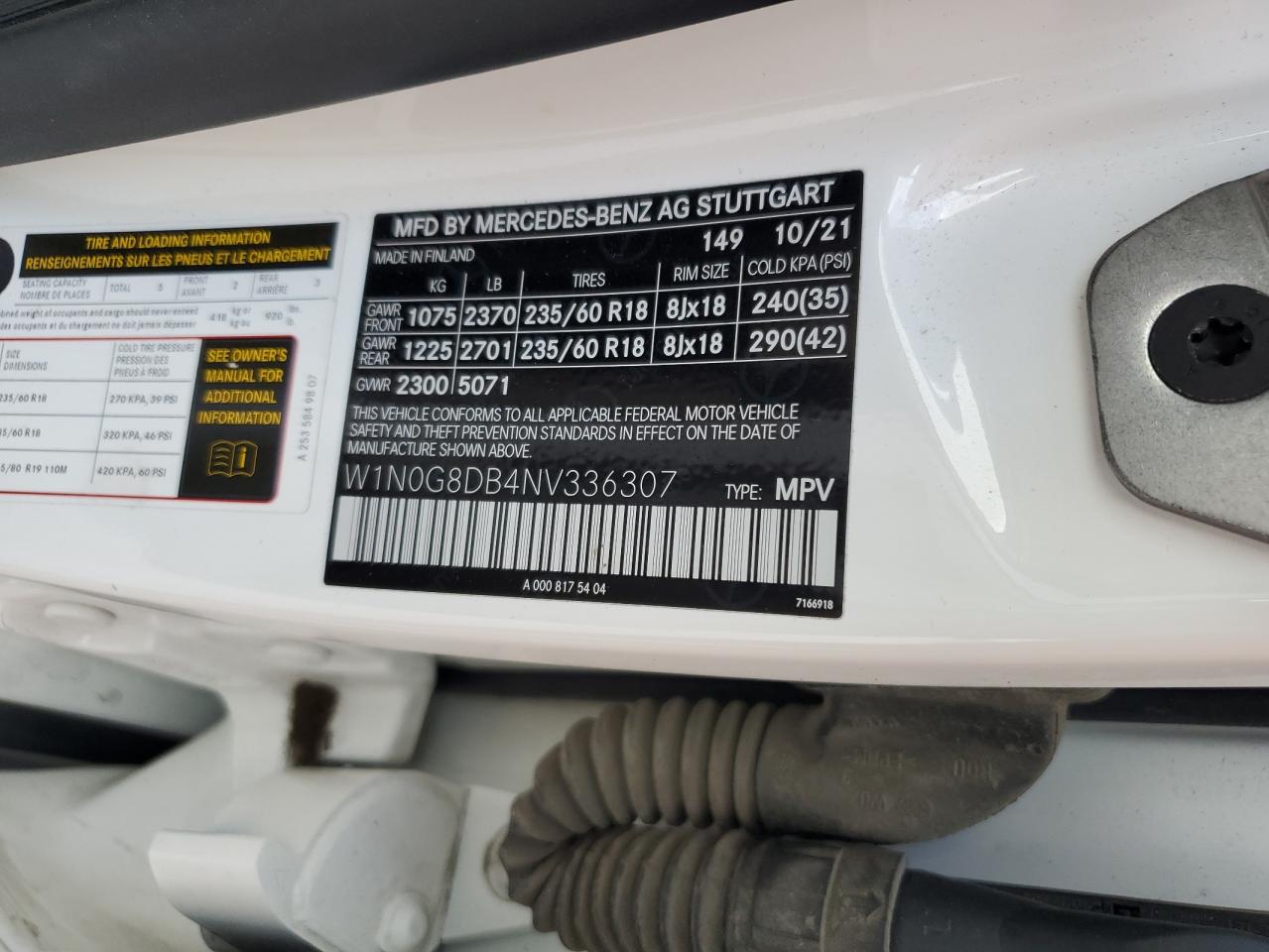 2022 MERCEDES-BENZ GLC 300 VIN:W1N0G8DB4NV336307