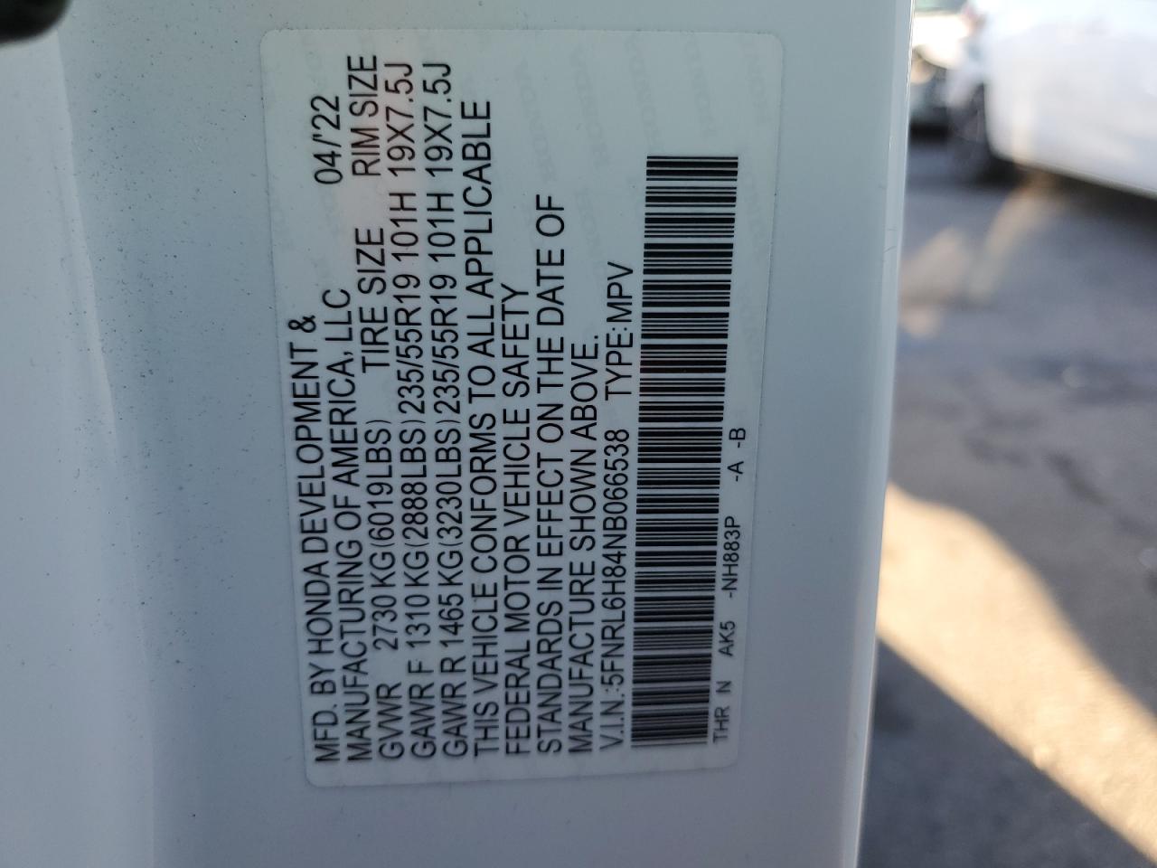 2022 HONDA ODYSSEY TOURING VIN:5FNRL6H84NB066538