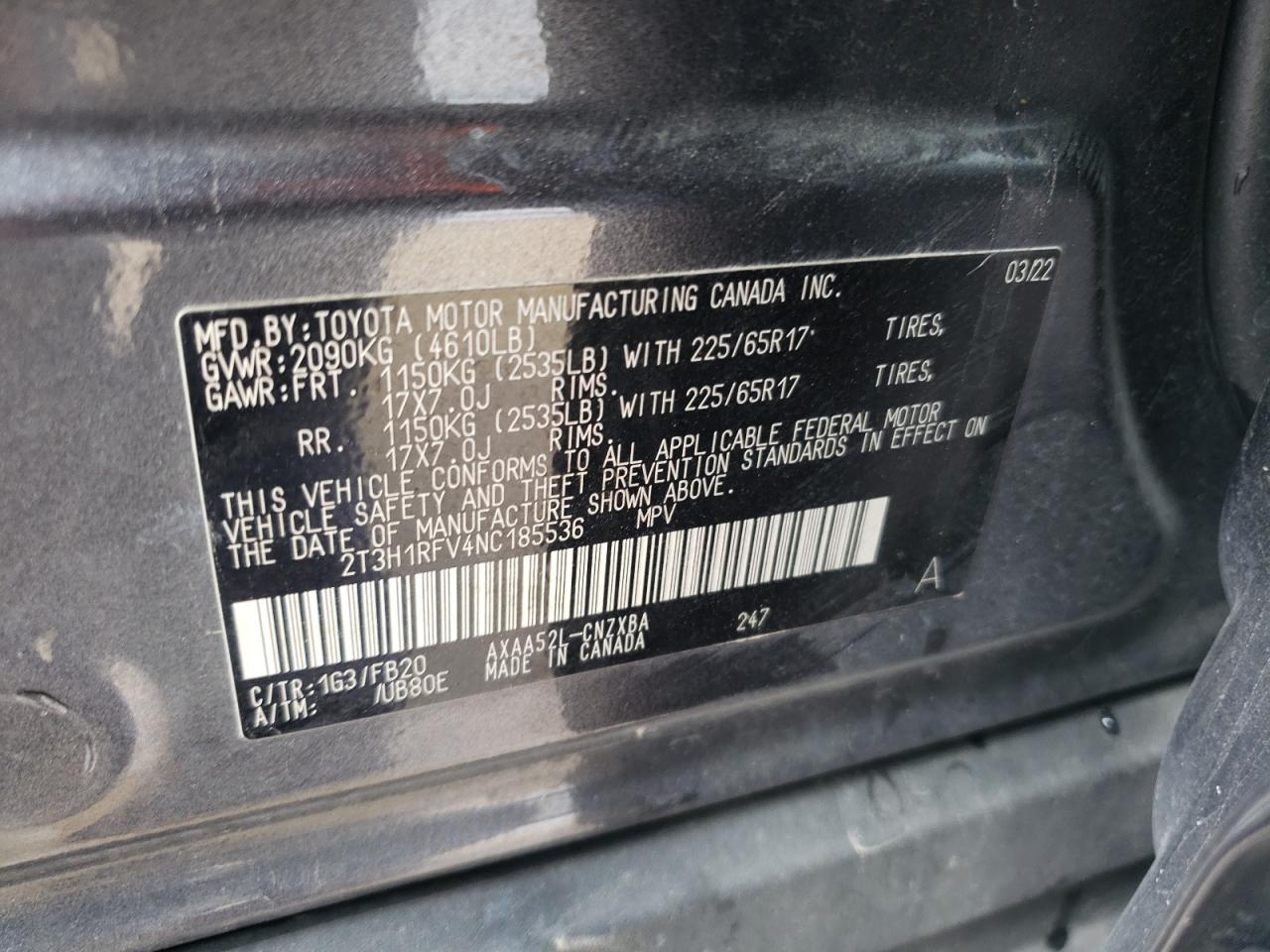 2022 TOYOTA RAV4 LE VIN:2T3H1RFV4NC185536