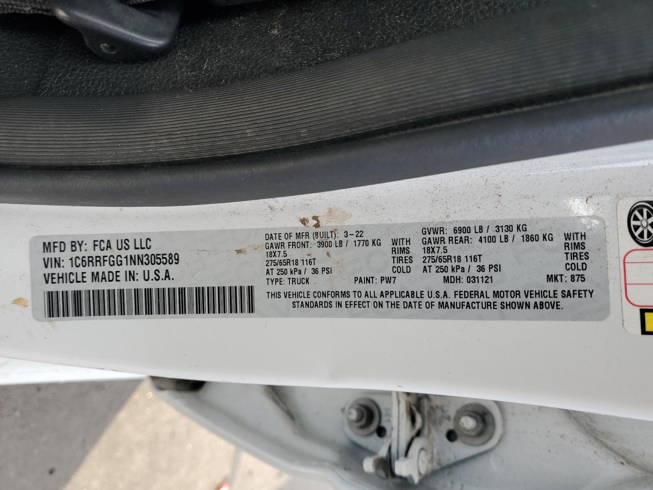 2022 RAM 1500 TRADESMAN VIN:1C6RRFGG1NN305589