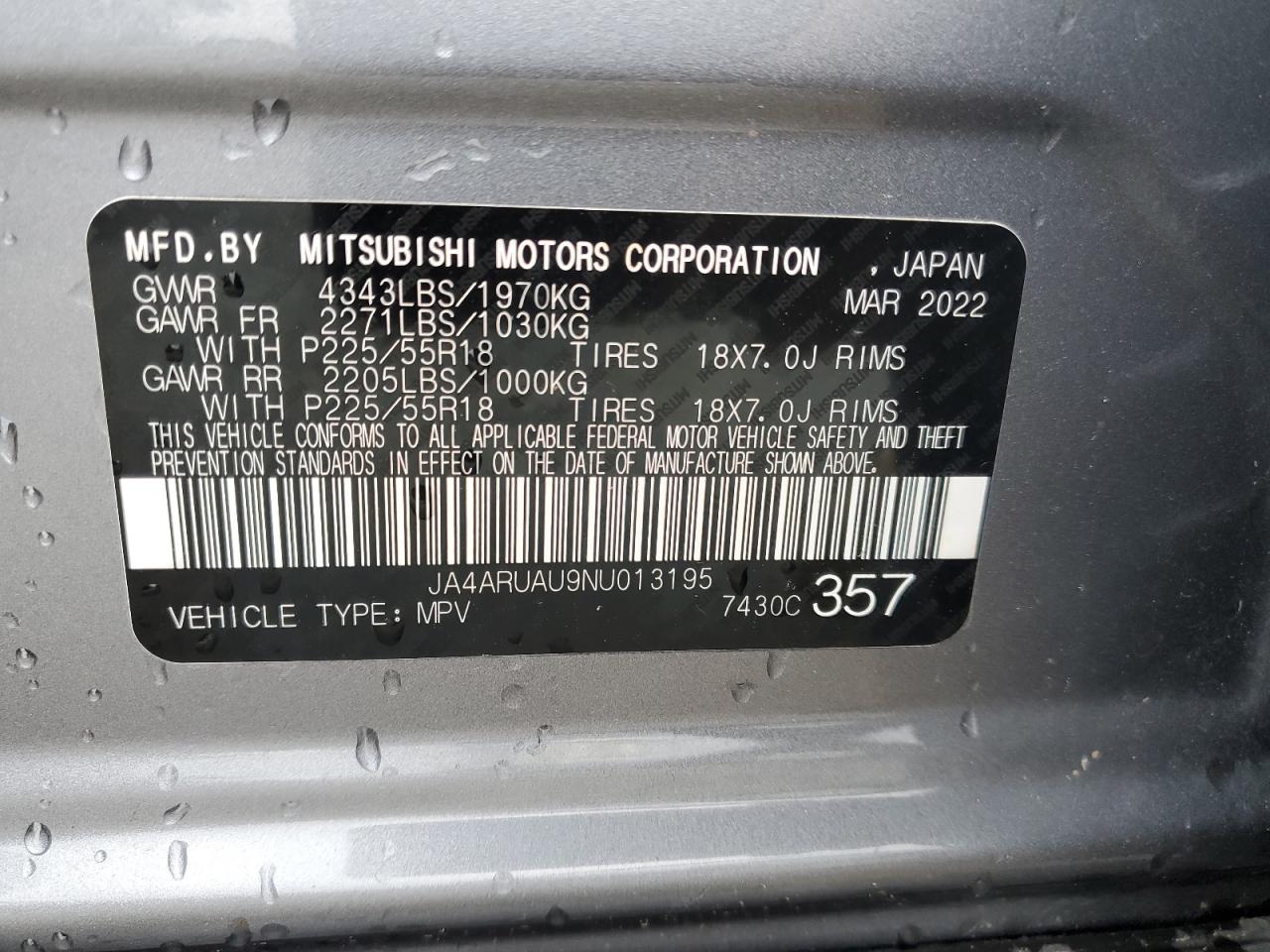 2022 MITSUBISHI OUTLANDER SPORT ES VIN:JA4ARUAU9NU013195