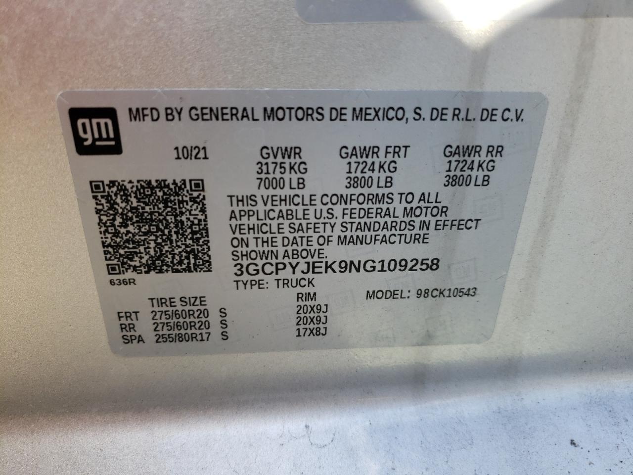 2022 CHEVROLET SILVERADO LTD K1500 LT-L VIN:3GCPYJEK9NG109258