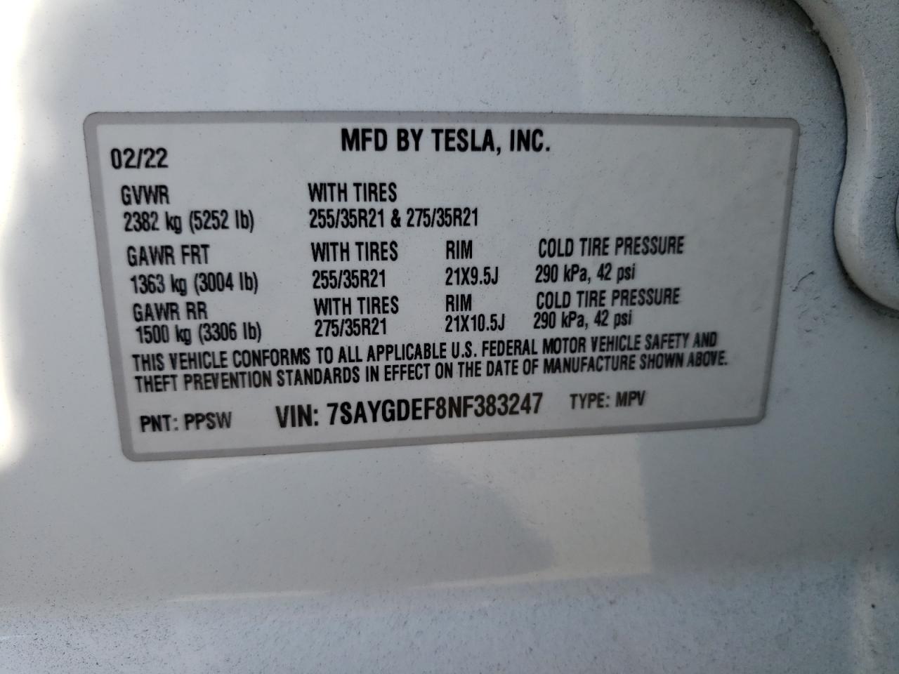 2022 TESLA MODEL Y VIN:7SAYGDEF8NF383247