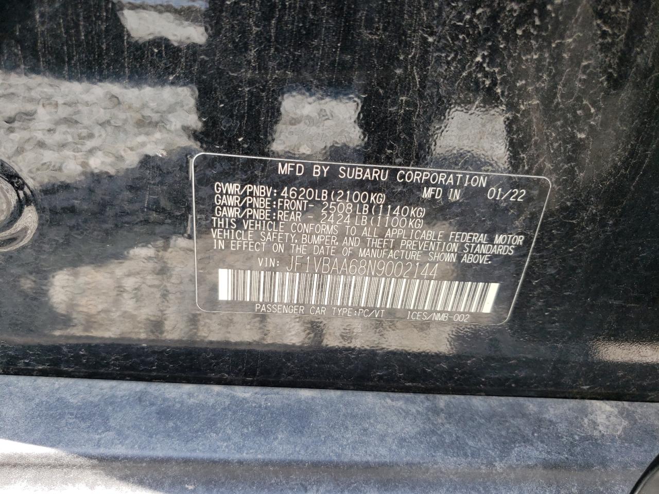 2022 SUBARU WRX VIN:JF1VBAA68N9002144