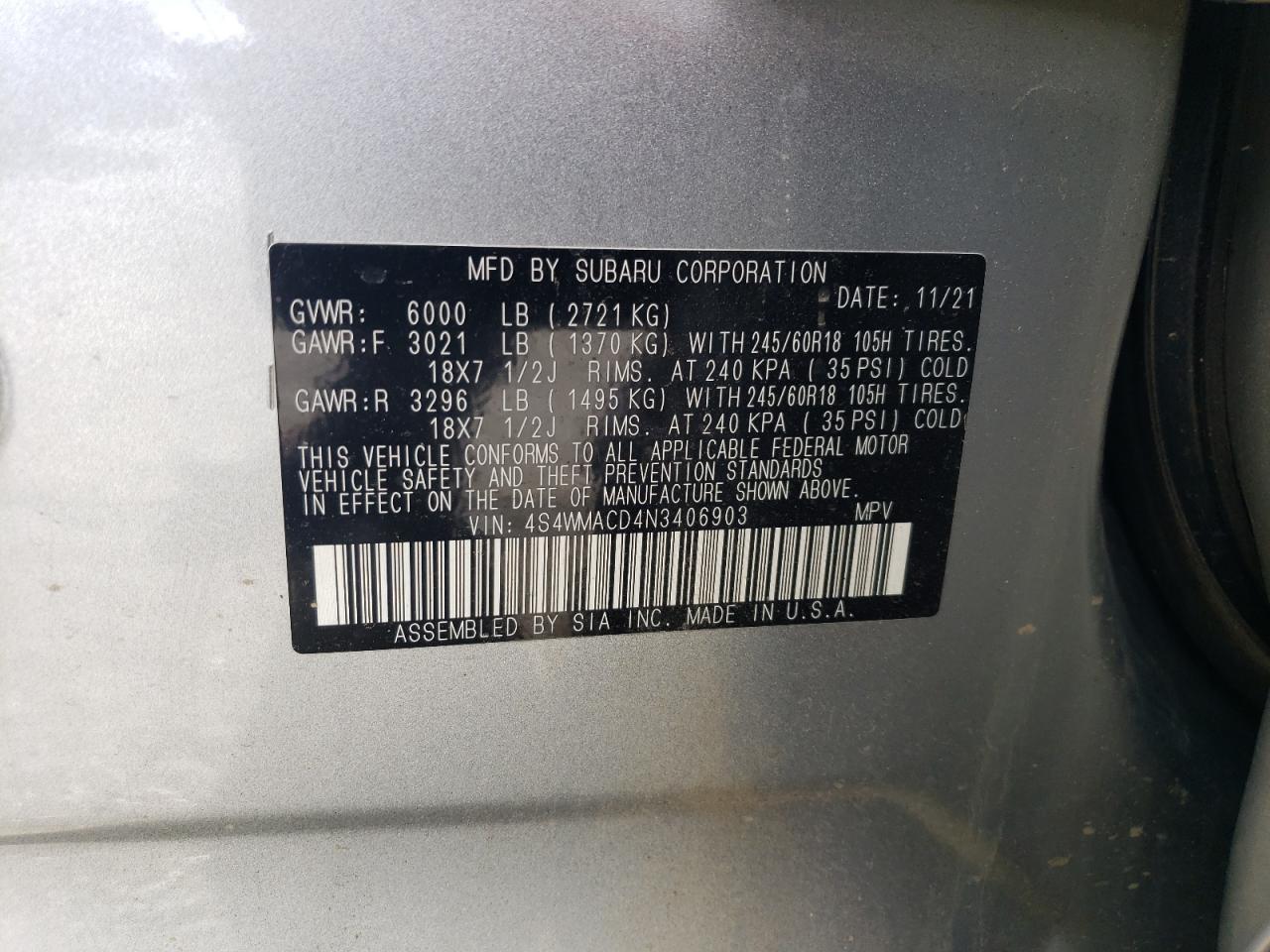 2022 SUBARU ASCENT PREMIUM VIN:4S4WMACD4N3406903