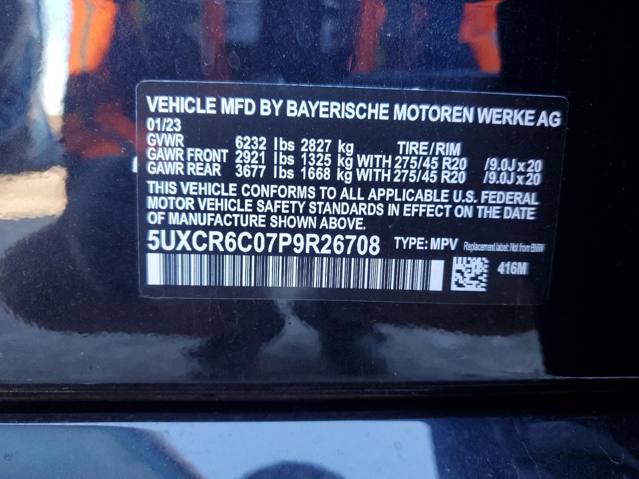 2023 BMW X5 XDRIVE40I VIN:5UXCR6C07P9R26708