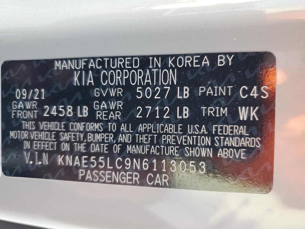 2022 KIA STINGER GT2 VIN:KNAE55LC9N6113053