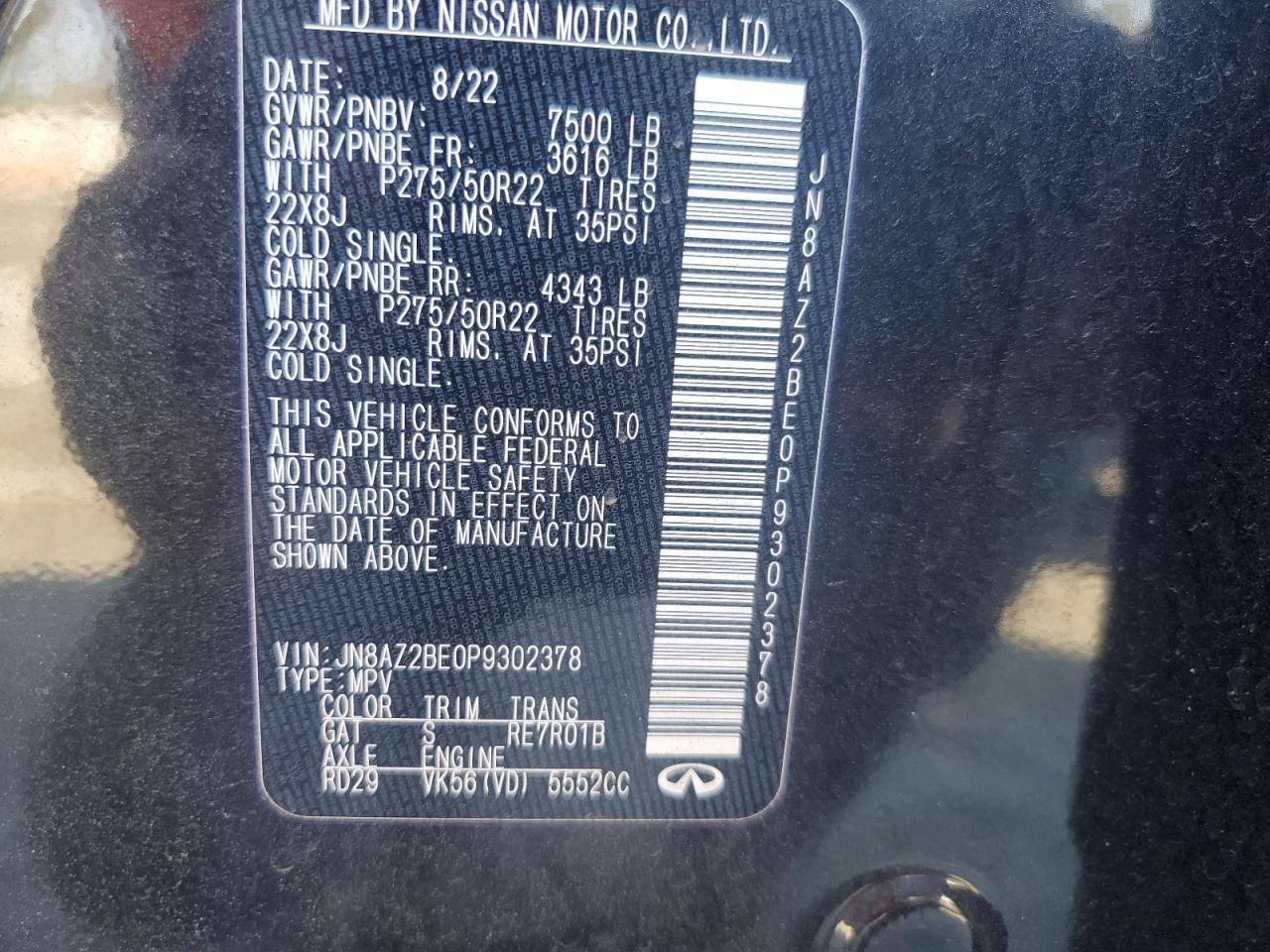 2023 INFINITI QX80 SENSORY VIN:JN8AZ2BE0P9302378