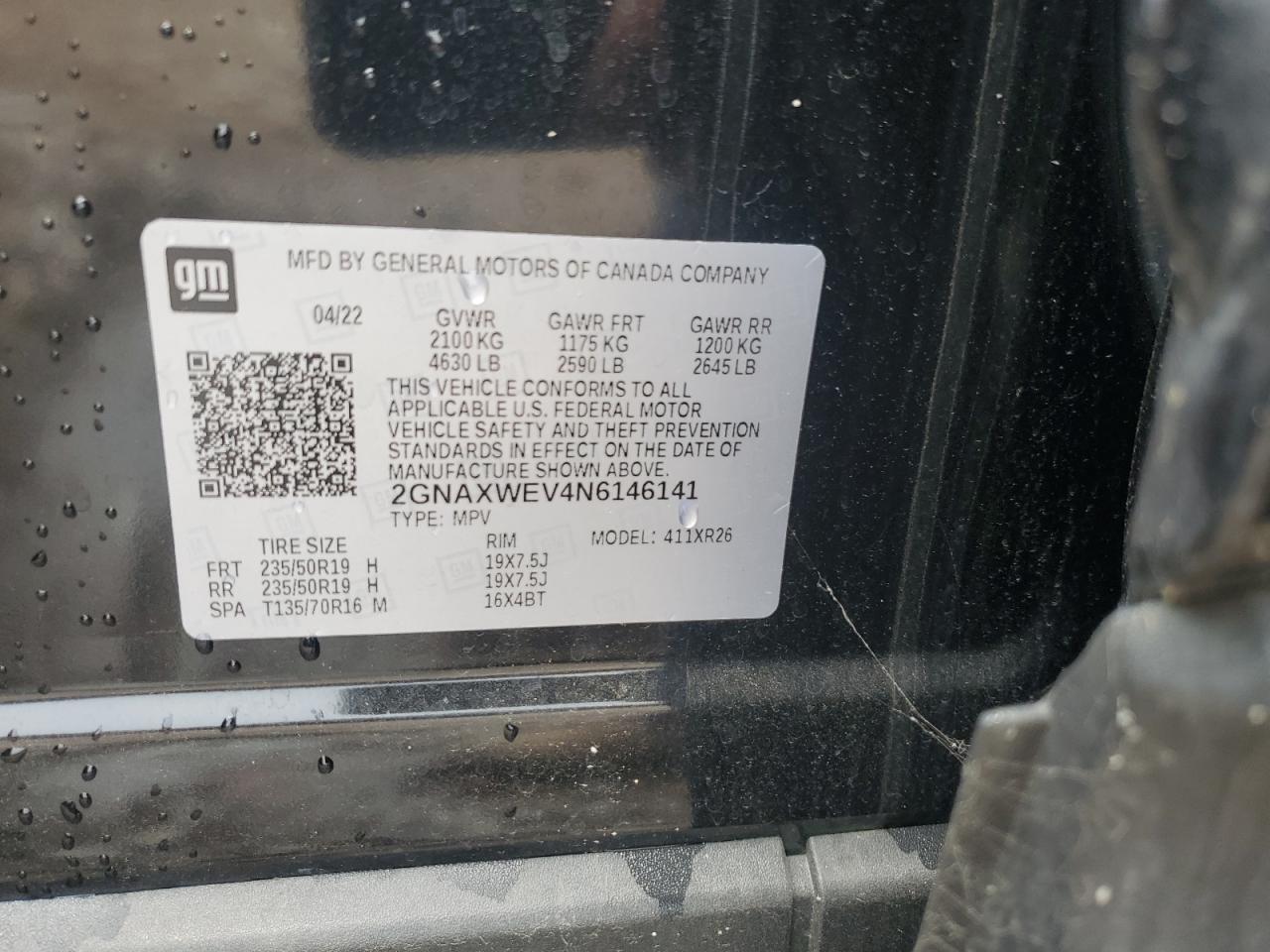 2022 CHEVROLET EQUINOX RS VIN:2GNAXWEV4N6146141