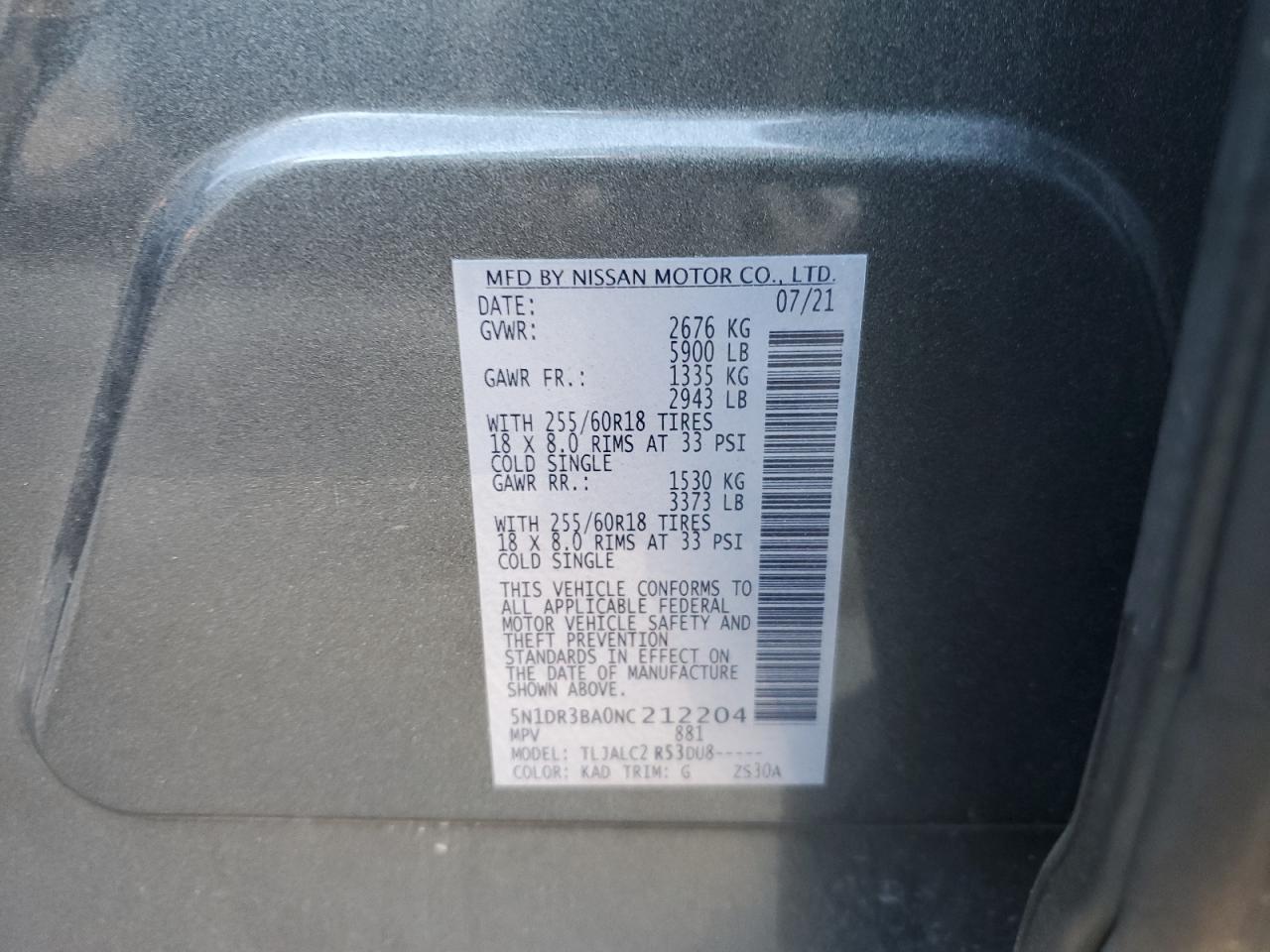 2022 NISSAN PATHFINDER SV VIN:5N1DR3BA0NC212204