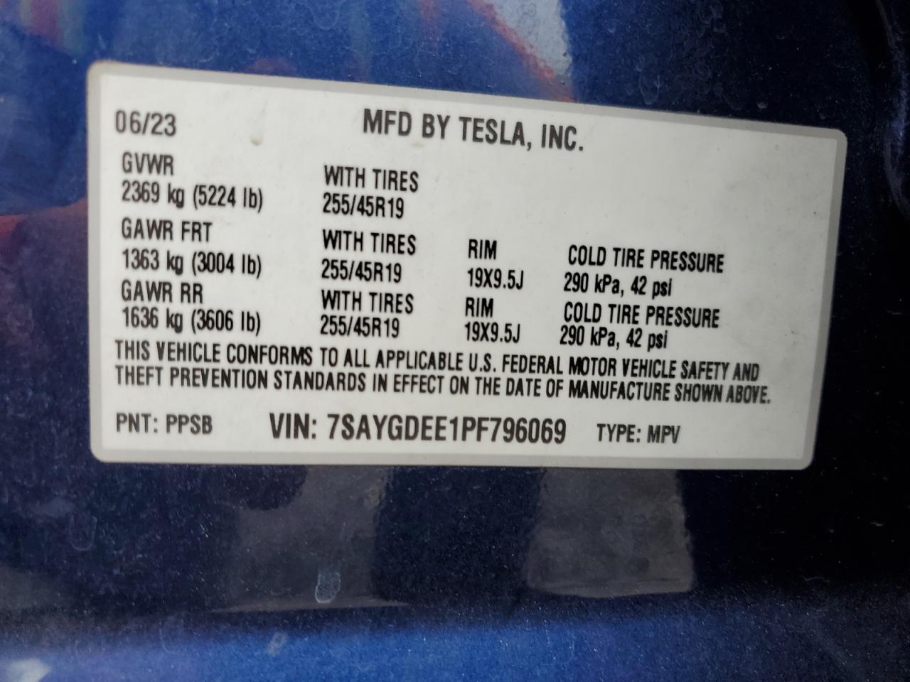 2023 TESLA MODEL Y VIN:7SAYGDEE1PF796069