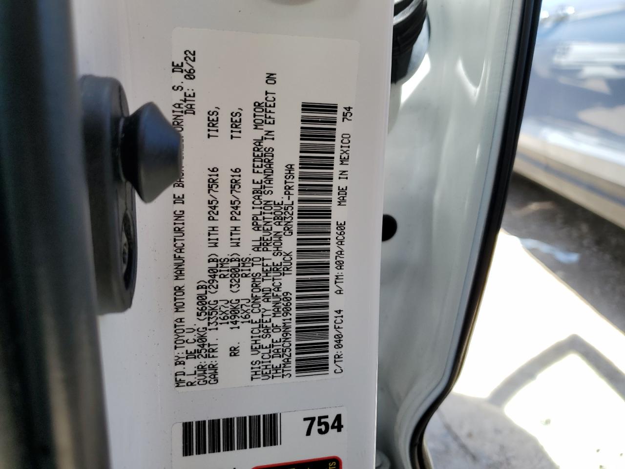 2022 TOYOTA TACOMA DOUBLE CAB VIN:3TMAZ5CN9NM190609