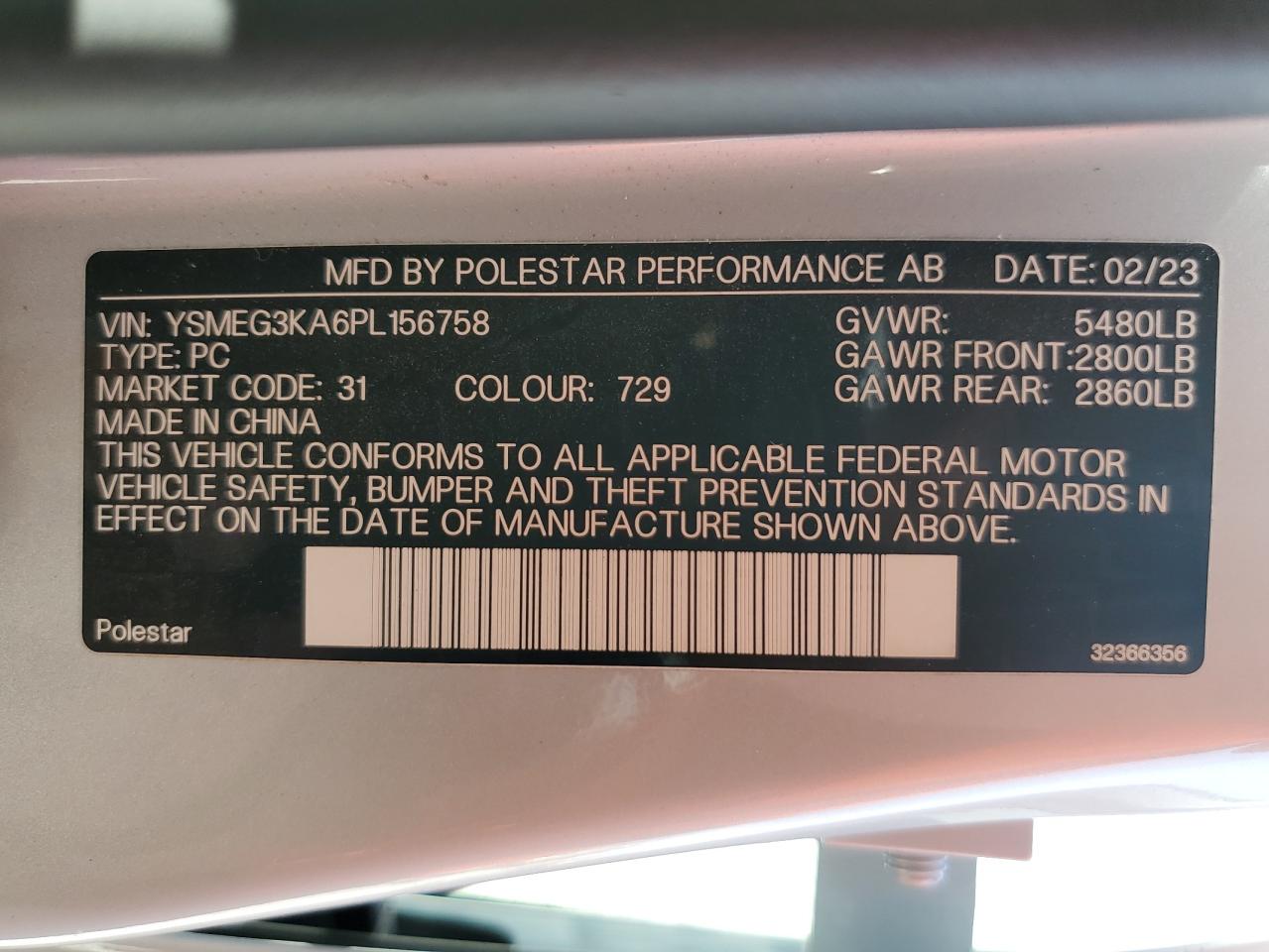 2023 POLESTAR 2 VIN:YSMEG3KA6PL156758