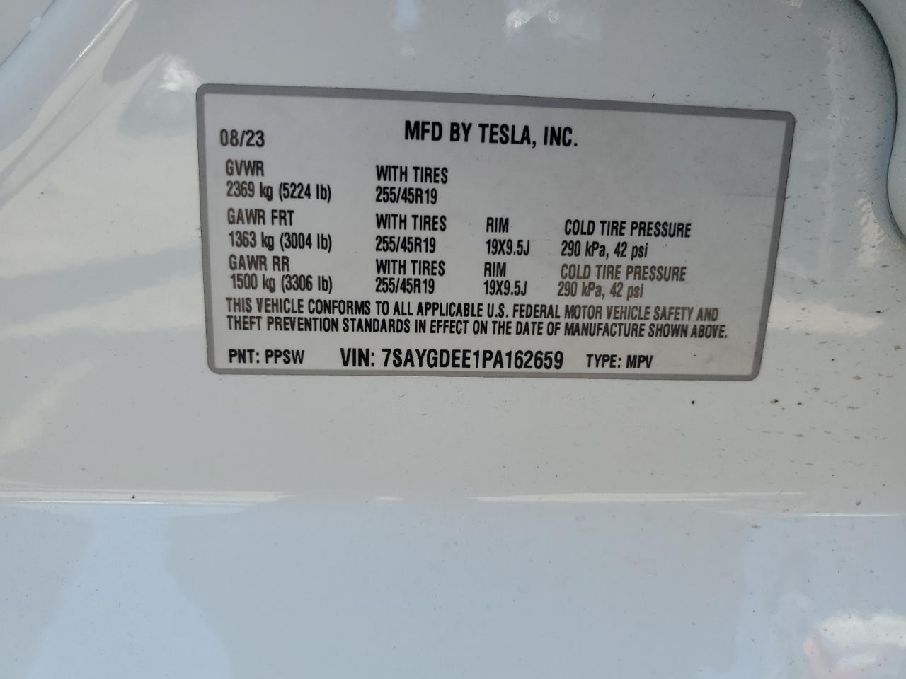 2023 TESLA MODEL Y VIN:7SAYGDEE1PA162659