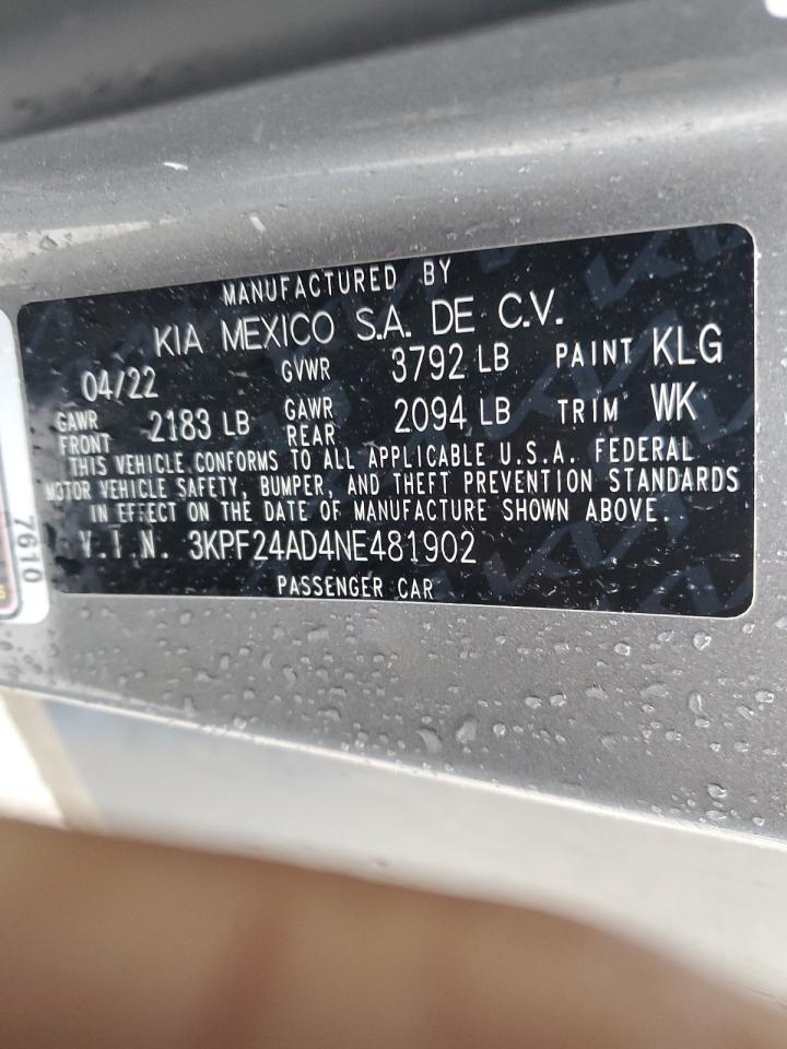 2022 KIA FORTE FE VIN:3KPF24AD4NE481902