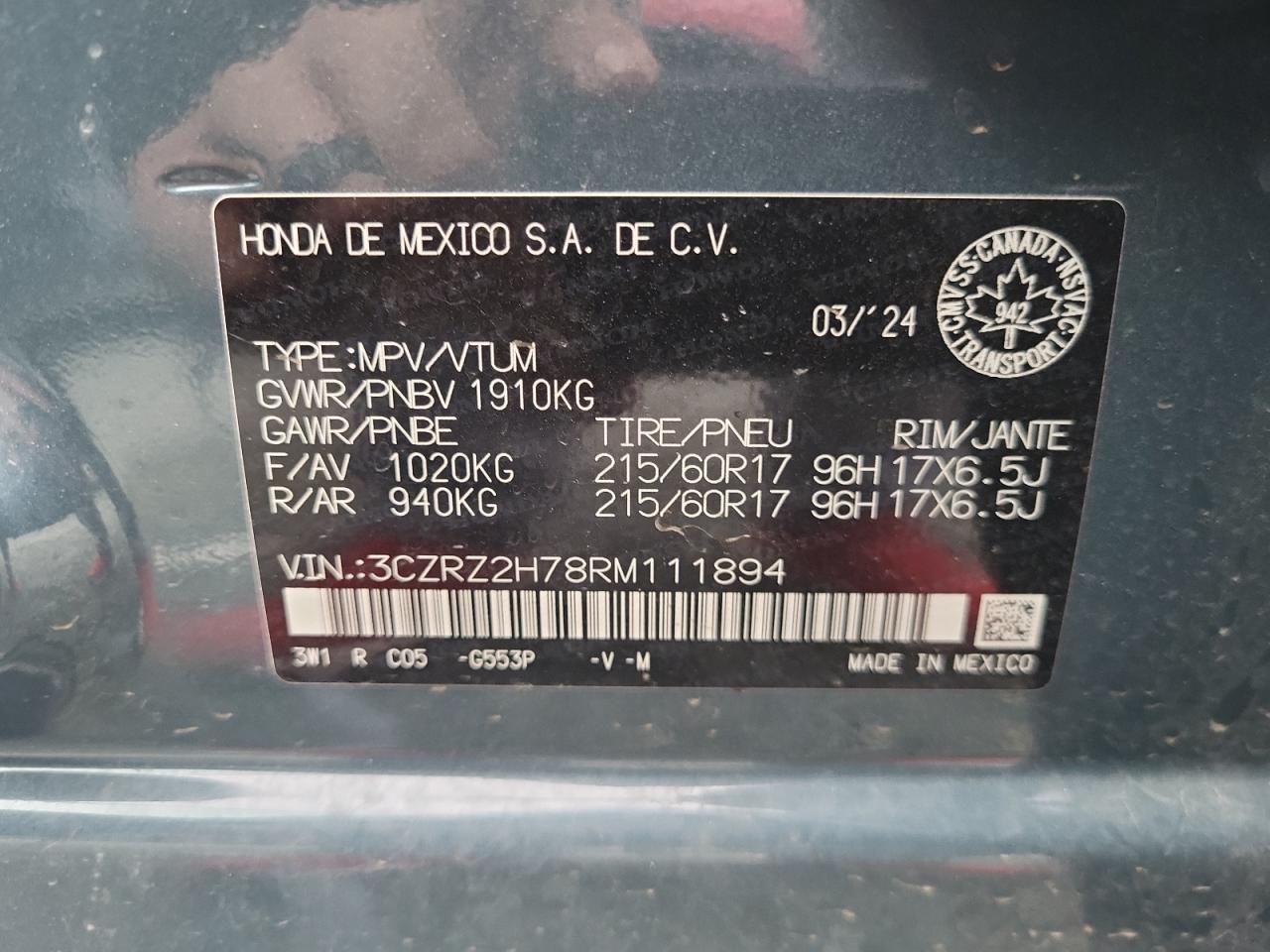 2024 HONDA HR-V EXL VIN:3CZRZ2H78RM111894