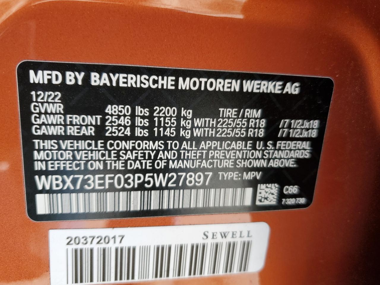 2023 BMW X1 XDRIVE28I VIN:WBX73EF03P5W27897