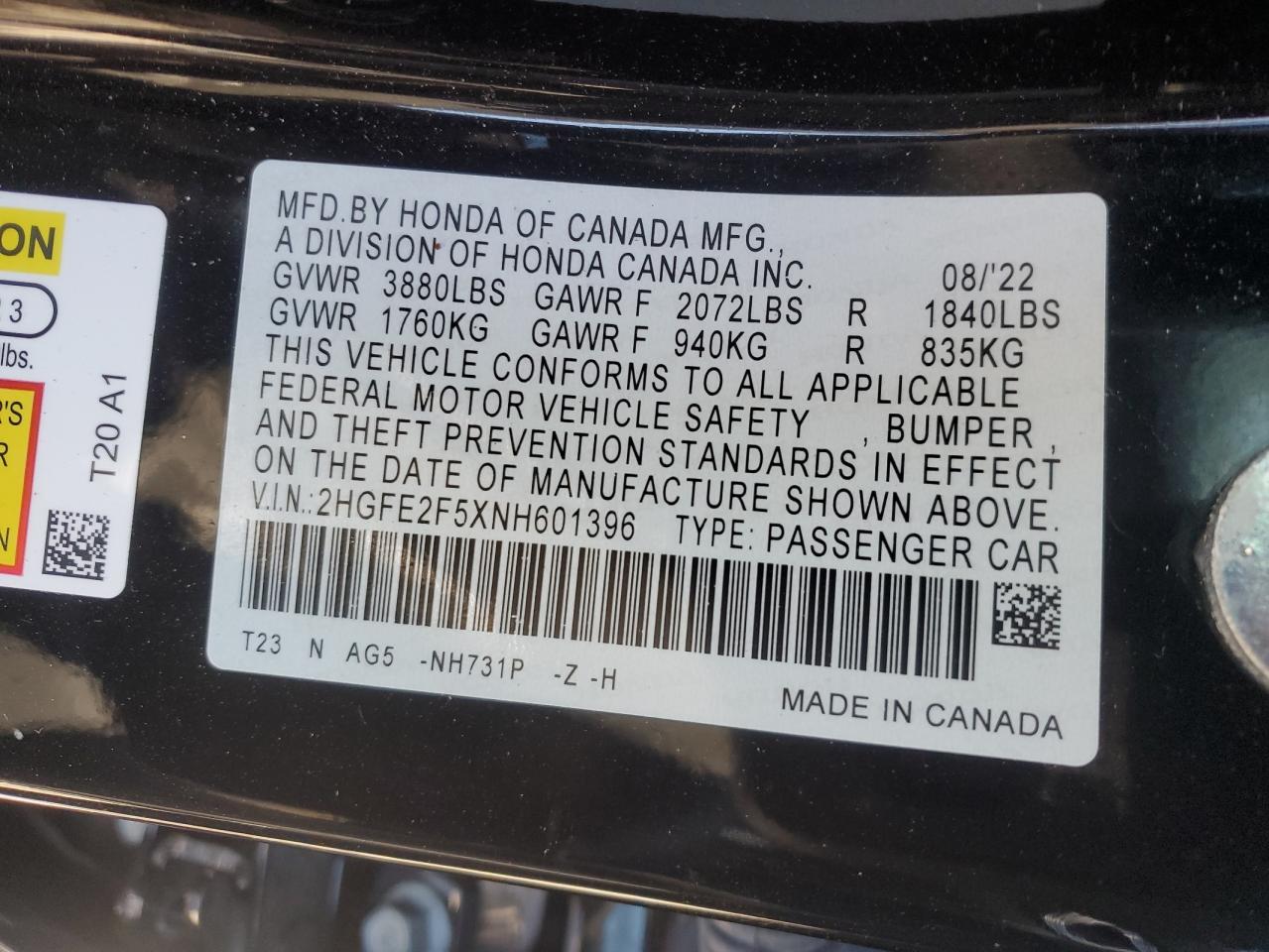 2022 HONDA CIVIC SPORT VIN:2HGFE2F5XNH601396