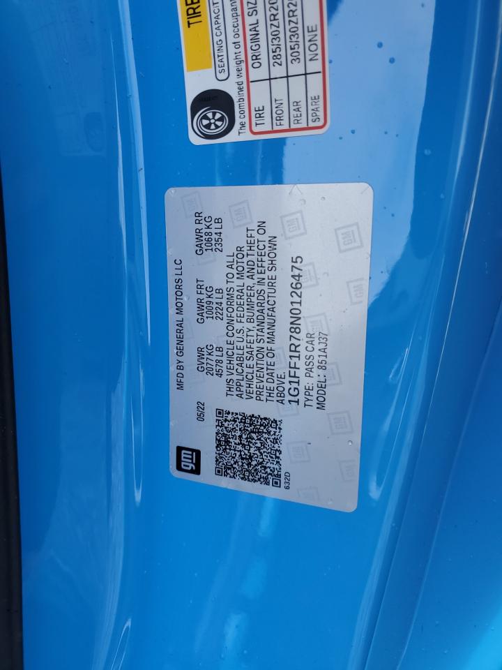 2022 CHEVROLET CAMARO LT1 VIN:1G1FF1R78N0126475