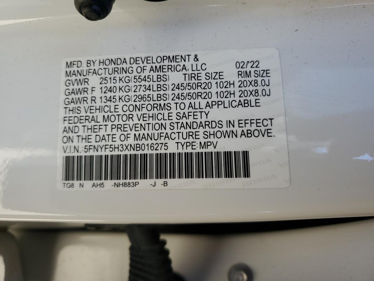 2022 HONDA PILOT SPORT VIN:5FNYF5H3XNB016275