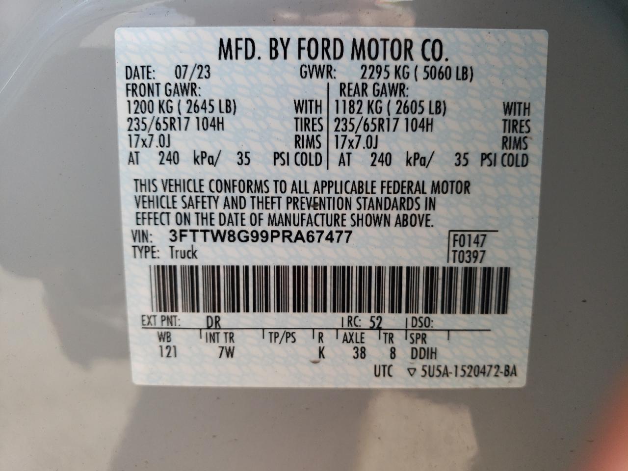 2023 FORD MAVERICK XLT VIN:3FTTW8G99PRA67477