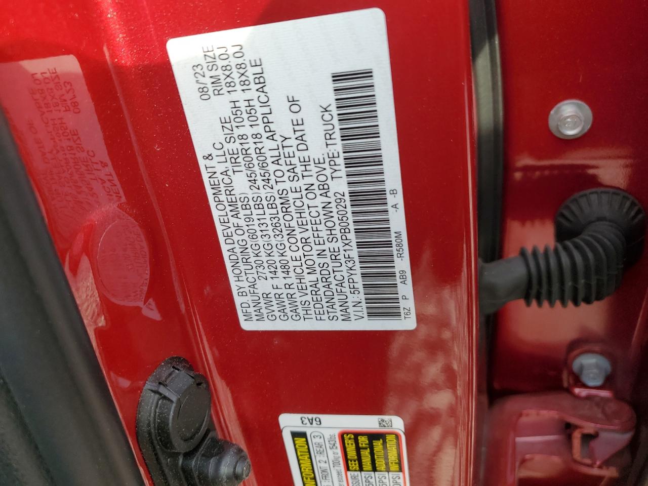 2023 HONDA RIDGELINE SPORT VIN:5FPYK3F1XPB050292