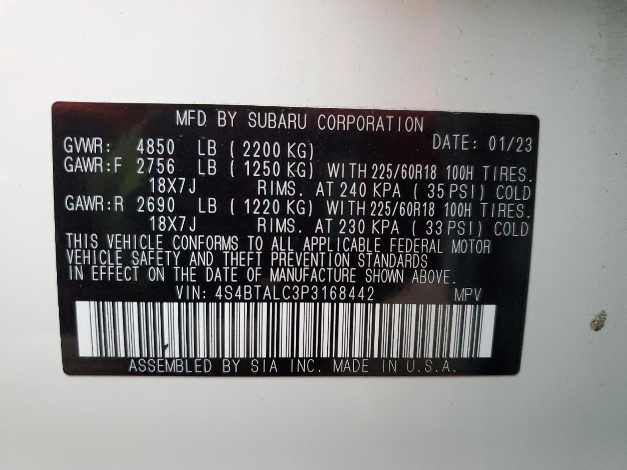 2023 SUBARU OUTBACK ONYX EDITION VIN:4S4BTALC3P3168442