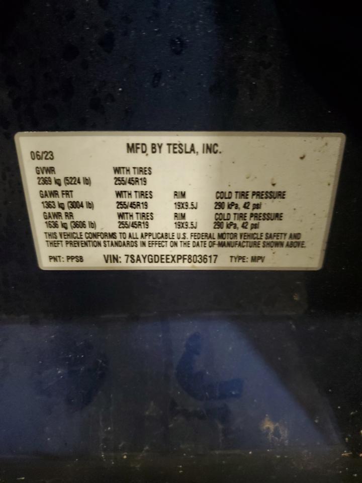 2023 TESLA MODEL Y VIN:7SAYGDEEXPF803617