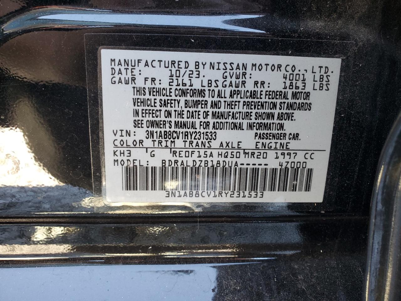 2024 NISSAN SENTRA SV VIN:3N1AB8CV1RY231533