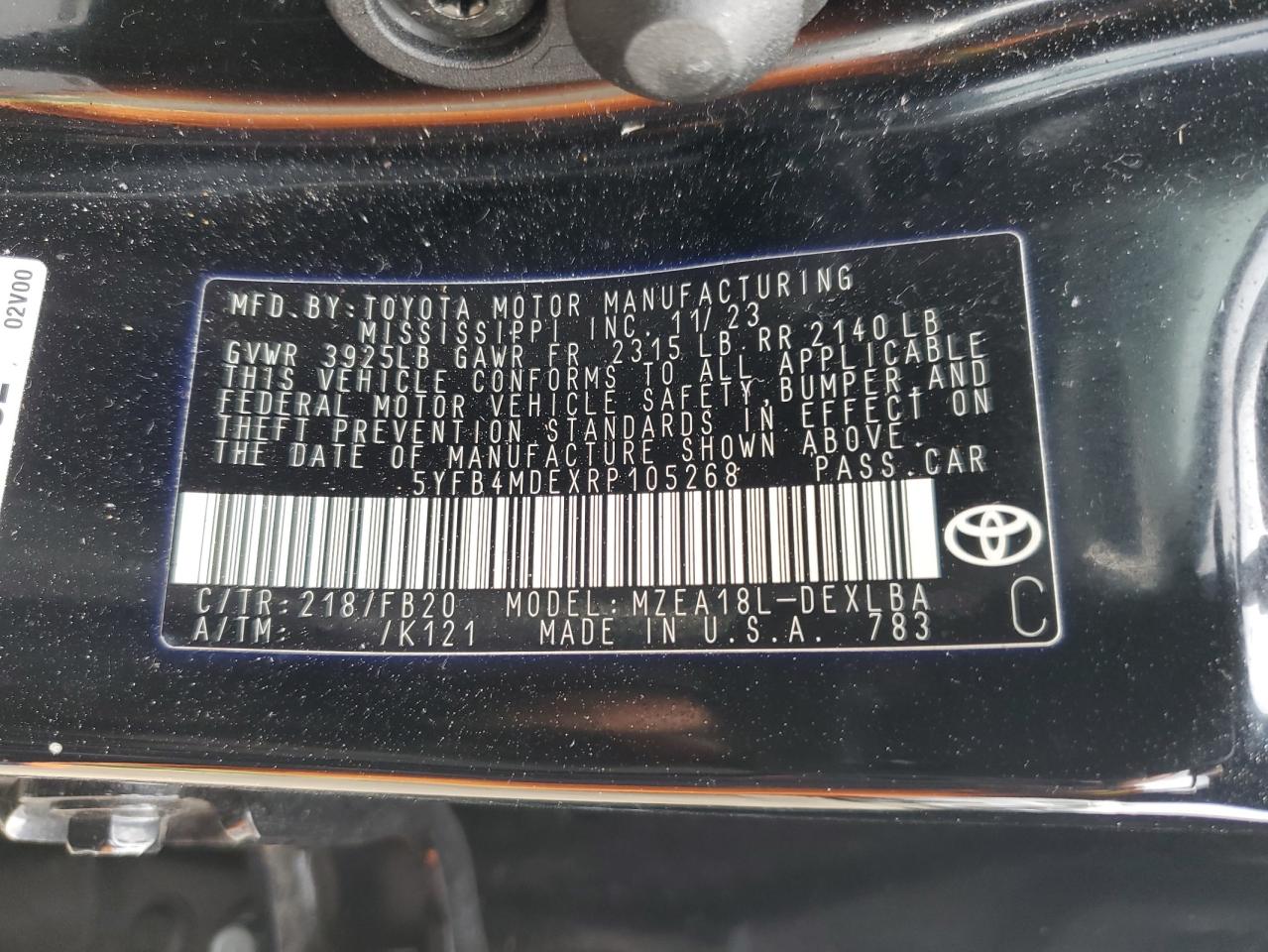 2024 TOYOTA COROLLA LE VIN:5YFB4MDEXRP105268