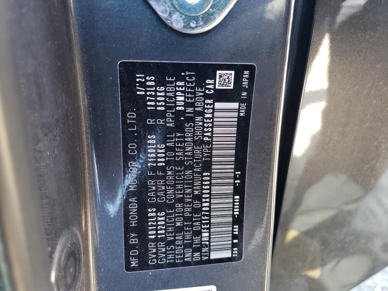 2022 HONDA CIVIC EX VIN:JHMFE1F70NX006609