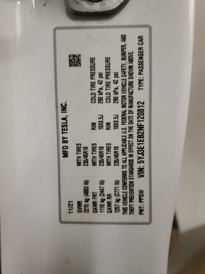 2022 TESLA MODEL 3 VIN:5YJ3E1EB2NF120812