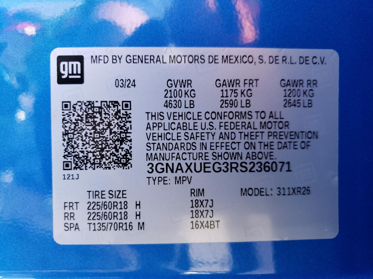 2024 CHEVROLET EQUINOX LT VIN:3GNAXUEG3RS236071