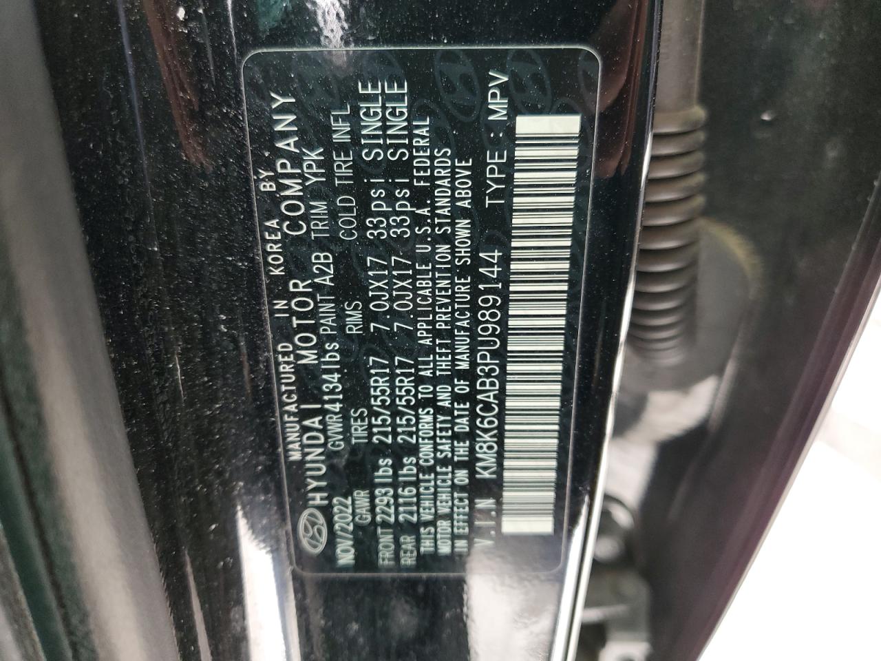 2023 HYUNDAI KONA SEL VIN:KM8K6CAB3PU989144