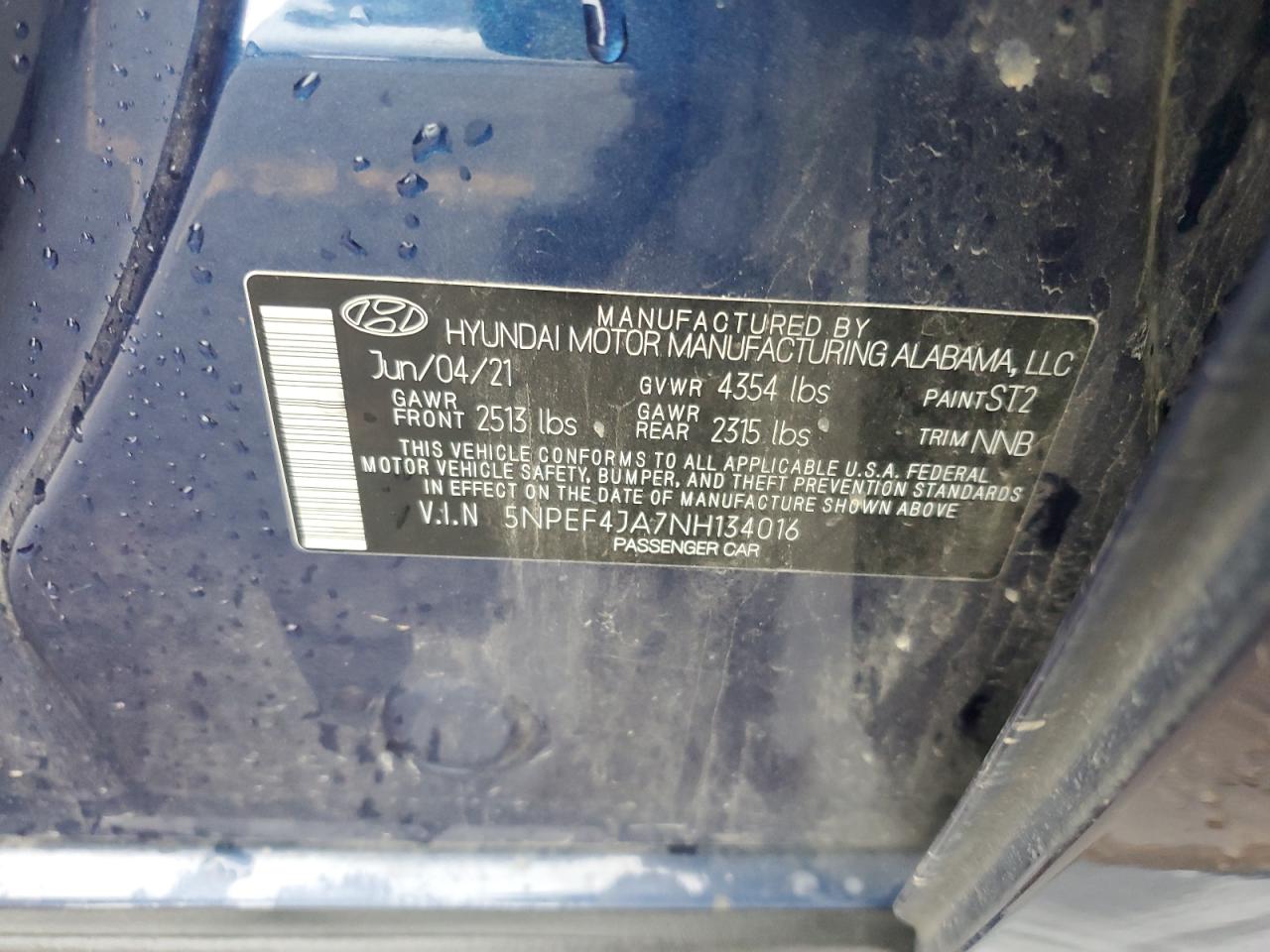 2022 HYUNDAI SONATA SEL VIN:5NPEF4JA7NH134016