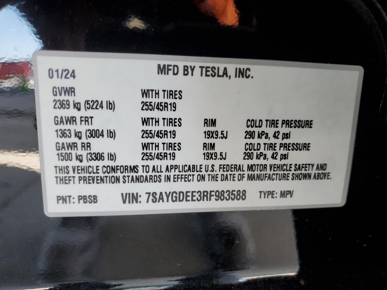 2024 TESLA MODEL Y VIN:7SAYGDEE3RF983588