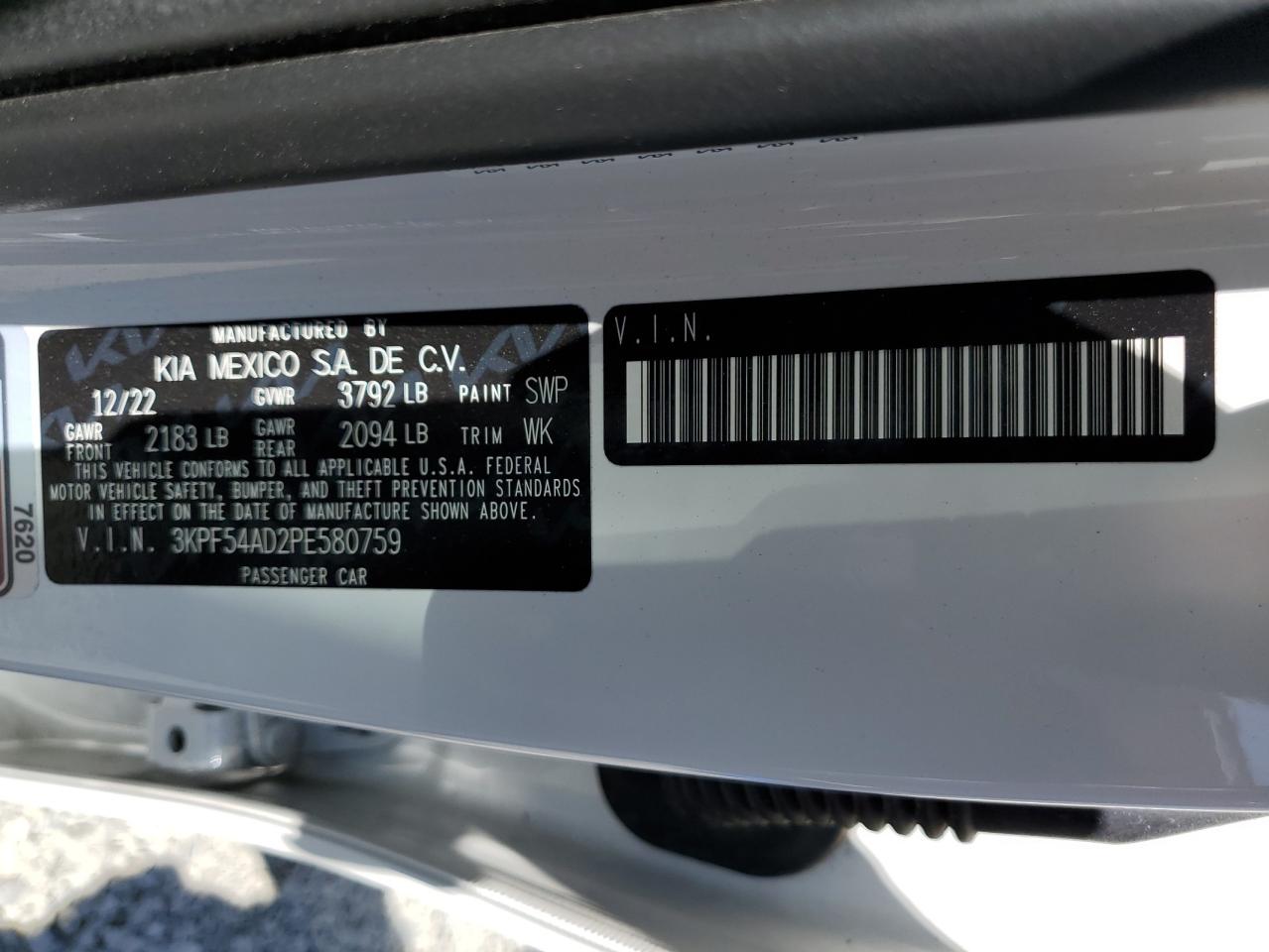 2023 KIA FORTE GT LINE VIN:3KPF54AD2PE580759