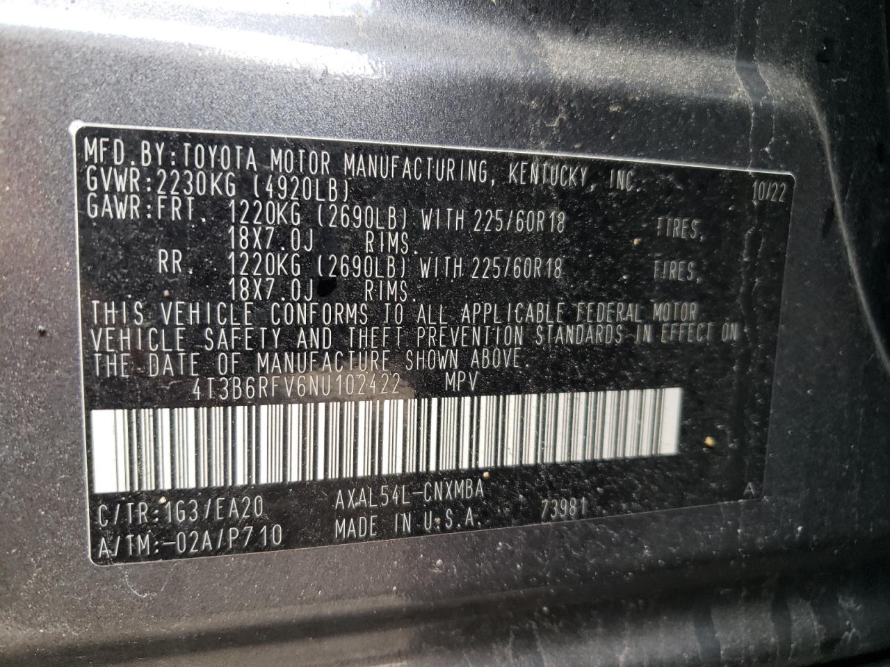 2022 TOYOTA RAV4 XLE PREMIUM VIN:4T3B6RFV6NU102422