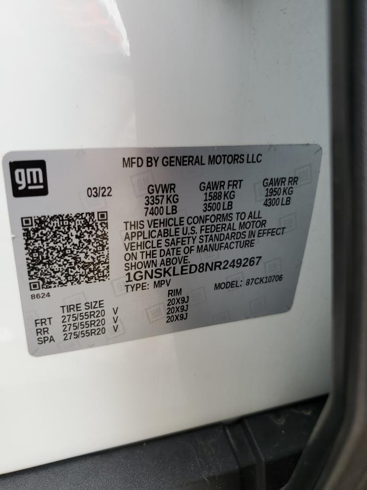 2022 CHEVROLET TAHOE K1500 VIN:1GNSKLED8NR249267