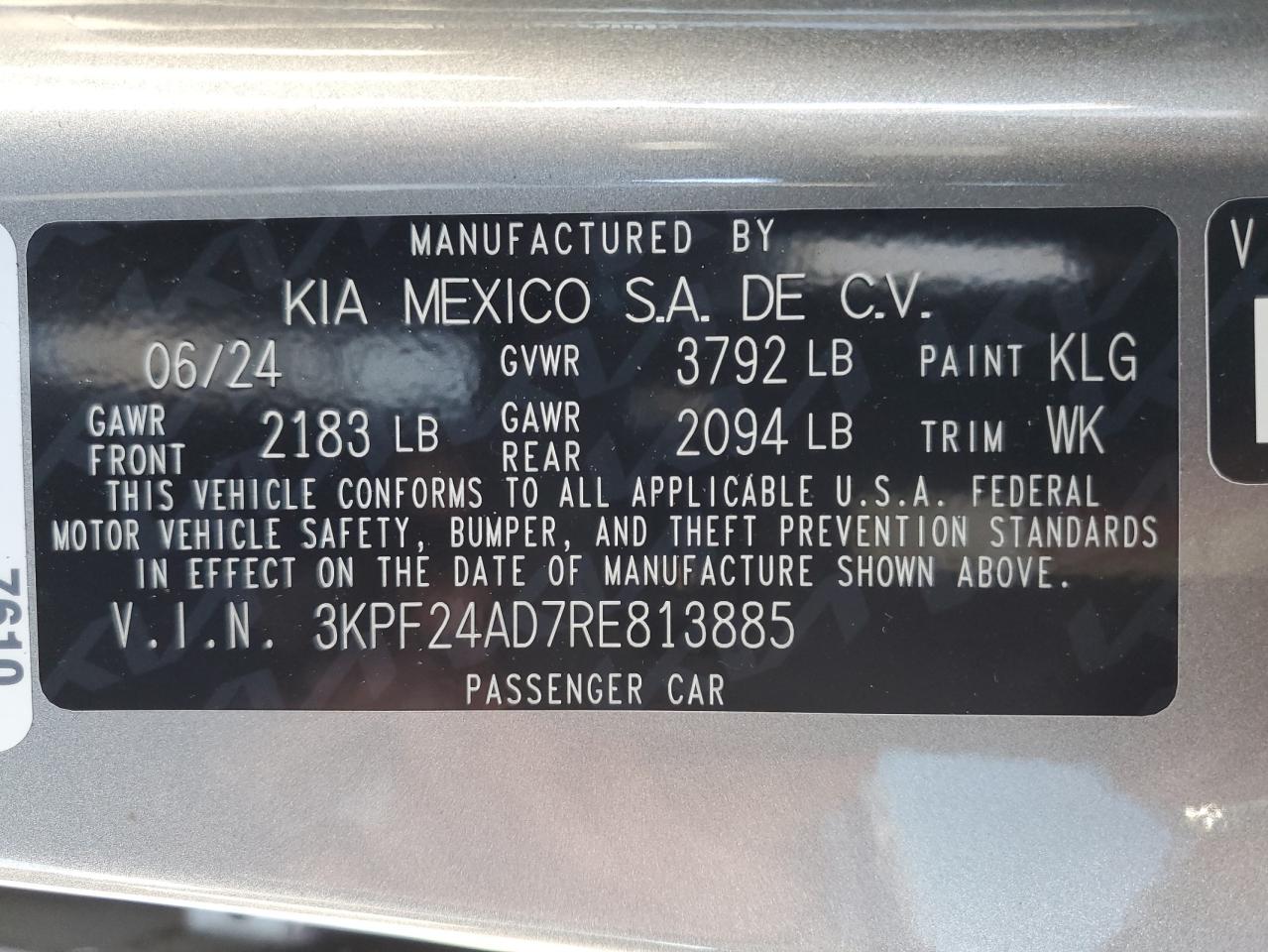 2024 KIA FORTE LX VIN:3KPF24AD7RE813885