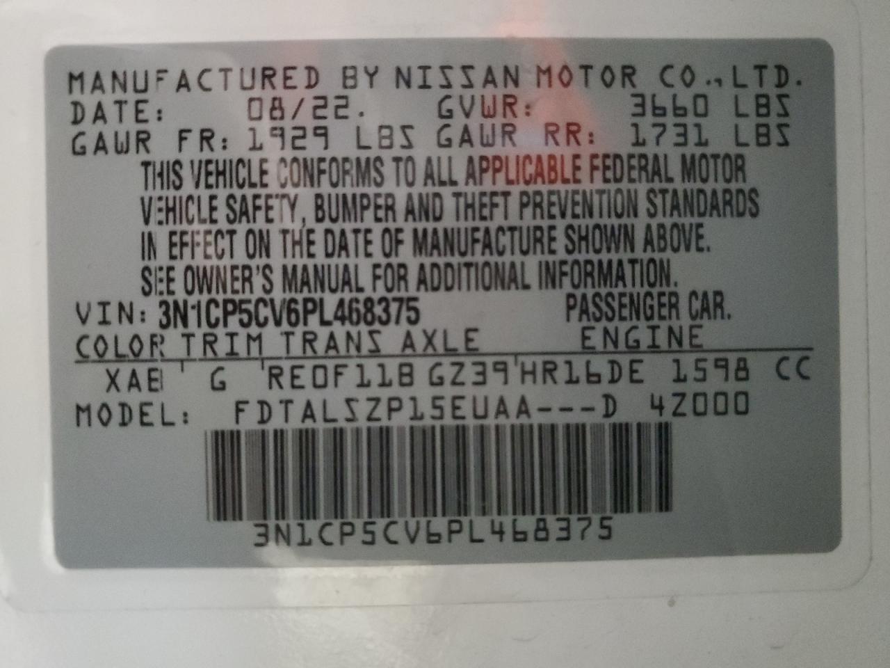 2023 NISSAN KICKS SV VIN:3N1CP5CV6PL468375