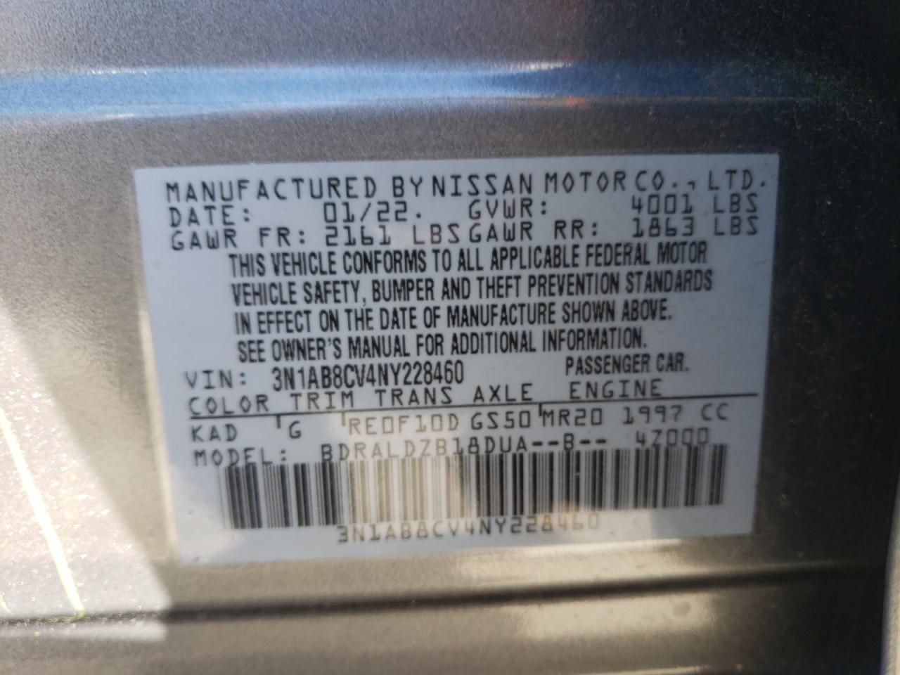 2022 NISSAN SENTRA SV VIN:3N1AB8CV4NY228460