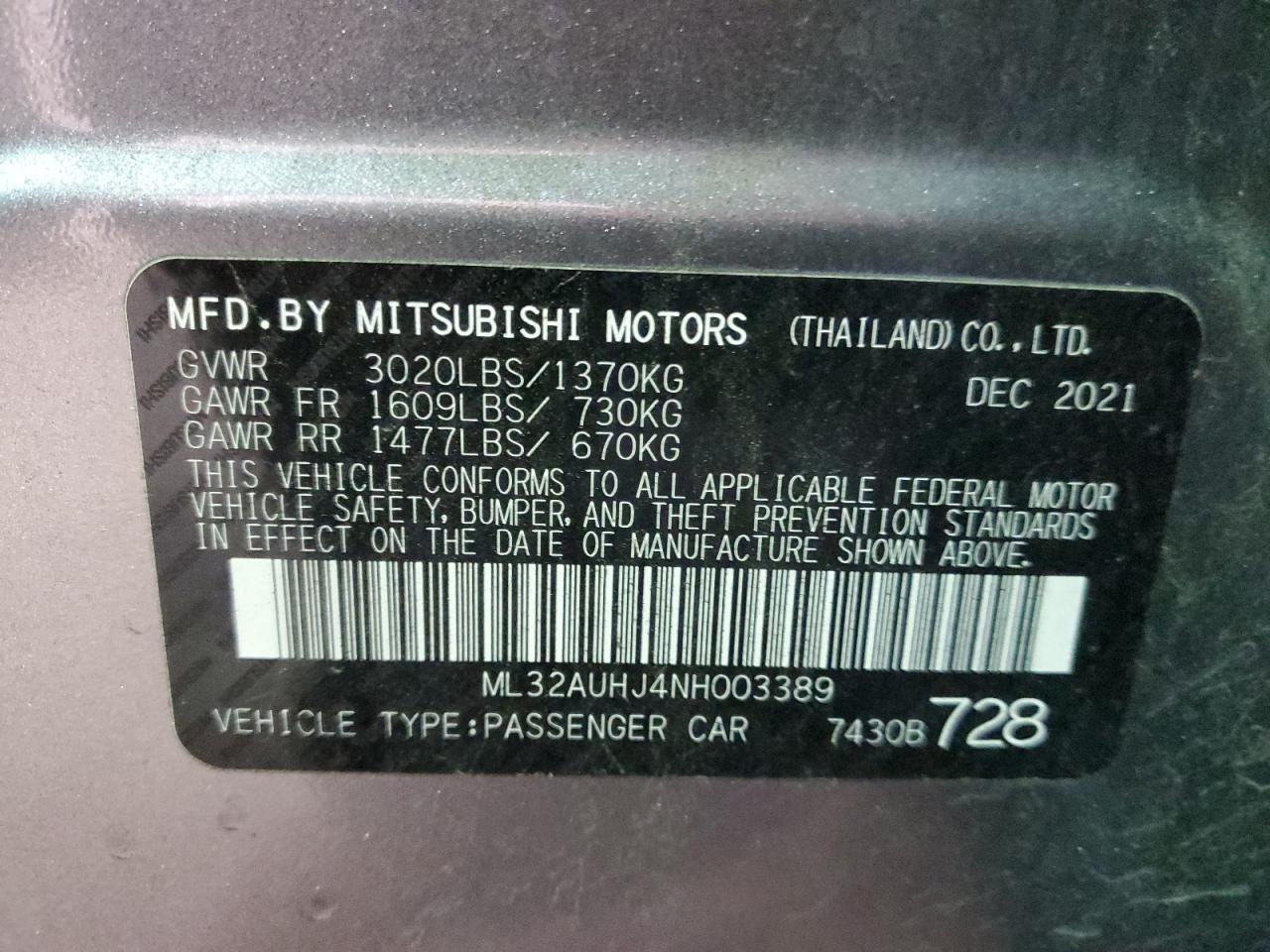 2022 MITSUBISHI MIRAGE ES VIN:ML32AUHJ4NH003389