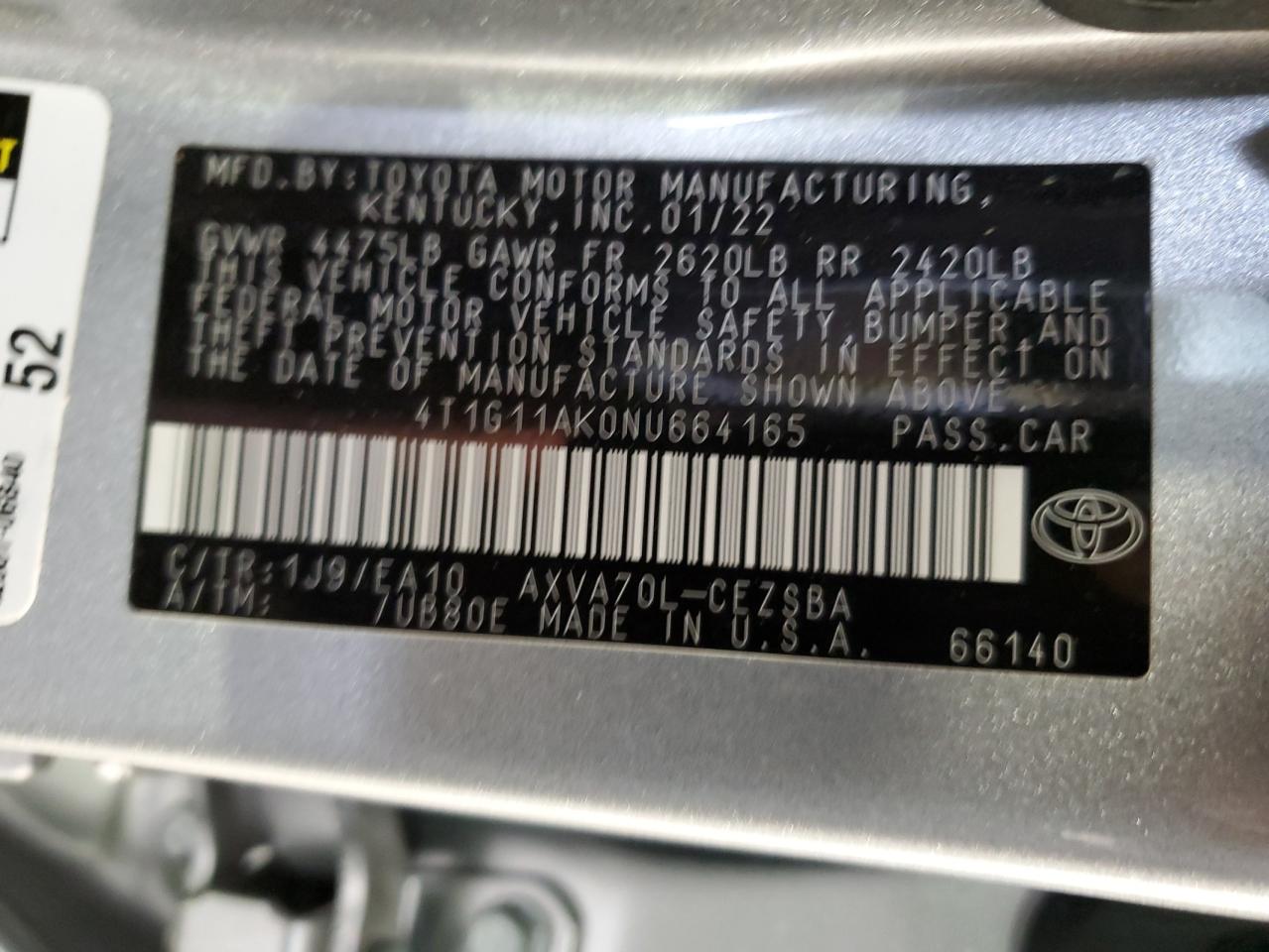 2022 TOYOTA CAMRY SE VIN:4T1G11AK0NU664165