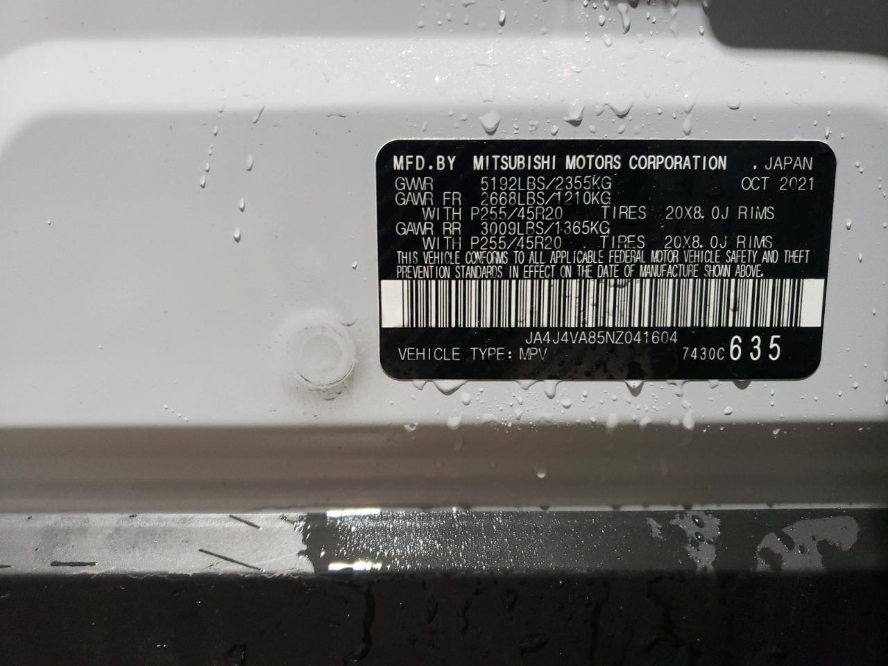 2022 MITSUBISHI OUTLANDER SEL VIN:JA4J4VA85NZ041604