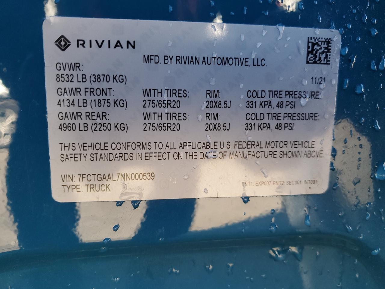 2022 RIVIAN R1T LAUNCH EDITION VIN:7FCTGAAL7NN000539